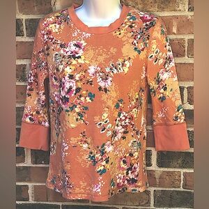 Sundance Waffle Knit T, 3/4 Sleeve. Tea Rose Floral. Woman’s Size Petite Small